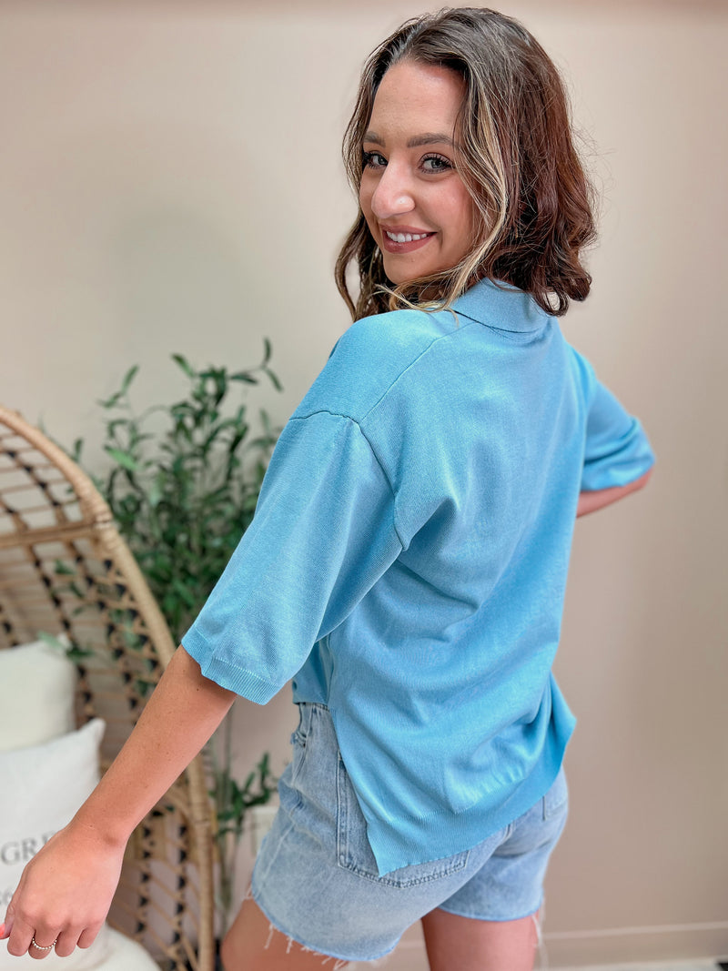 Light Blue Shirt Collar Light Knit Sweater Top (SM-XL)