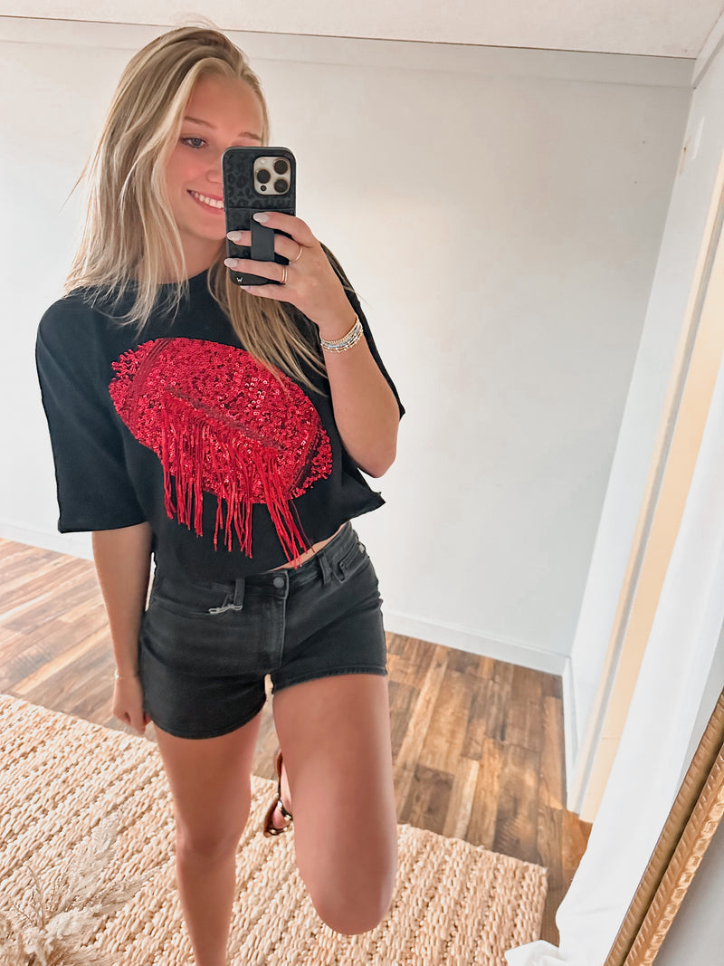 Go Red Embellished Sequin Football Fringe Crop Top