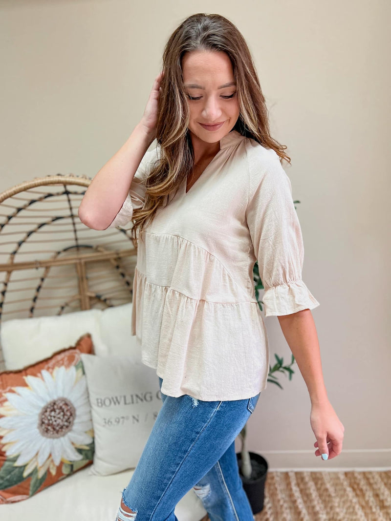 Ruffled Notched 3/4 Sleeve Blouse (SM-2X)