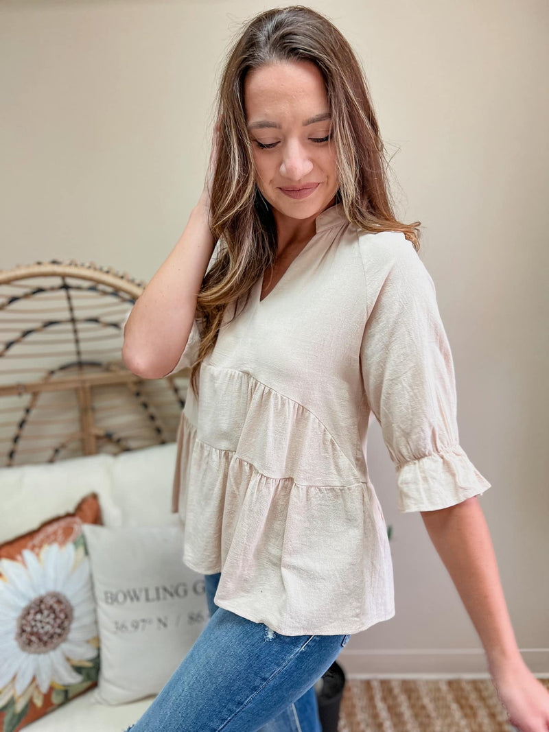 Ruffled Notched 3/4 Sleeve Blouse (SM-2X)