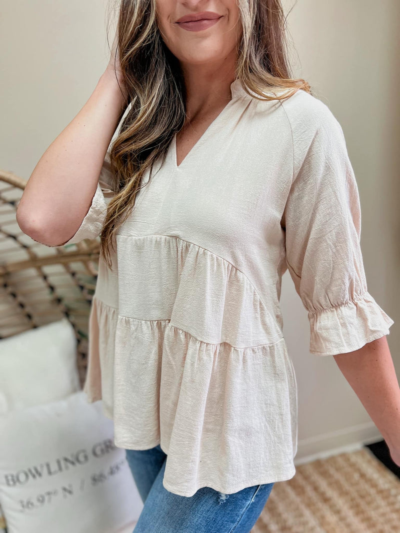 Ruffled Notched 3/4 Sleeve Blouse (SM-2X)