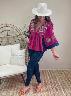 Fuchsia Gauze Embroidery Top