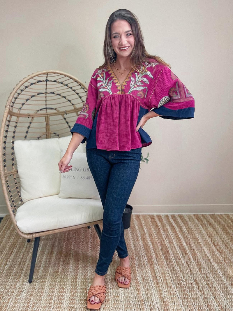 Fuchsia Gauze Embroidery Top