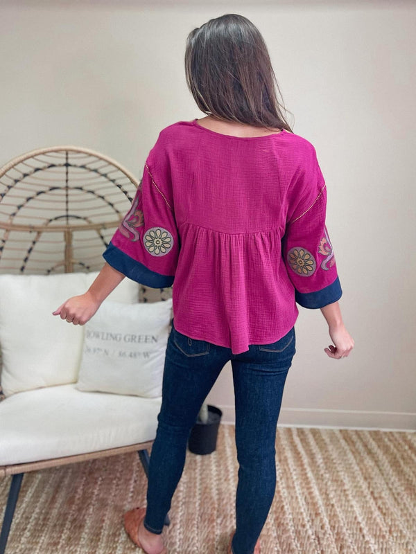 Fuchsia Gauze Embroidery Top