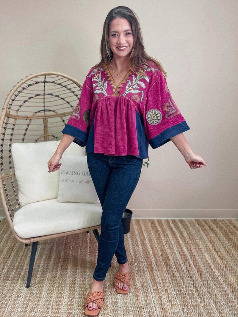 Fuchsia Gauze Embroidery Top