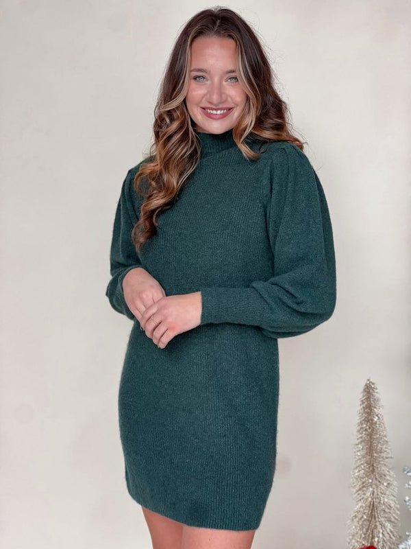 Mock Neck Puff Sleeve Sweater Dress