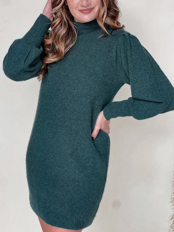 Mock Neck Puff Sleeve Sweater Dress