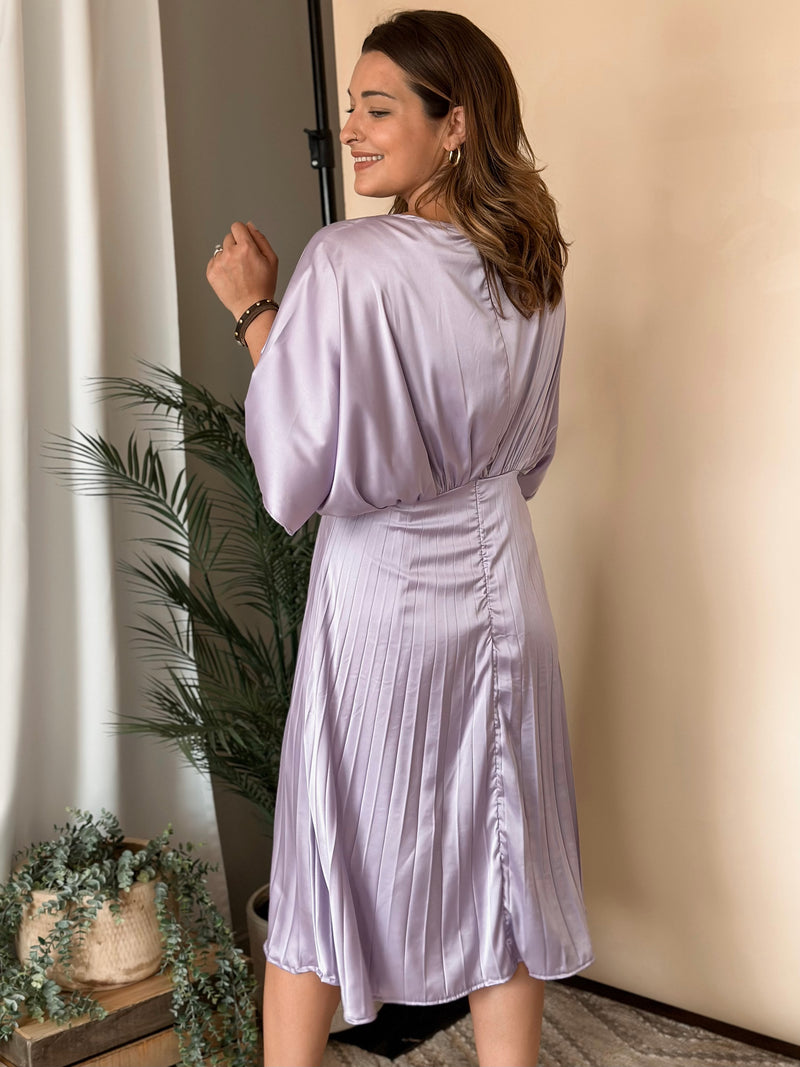 Lilac Kimono Sleeve Satin Midi Dress