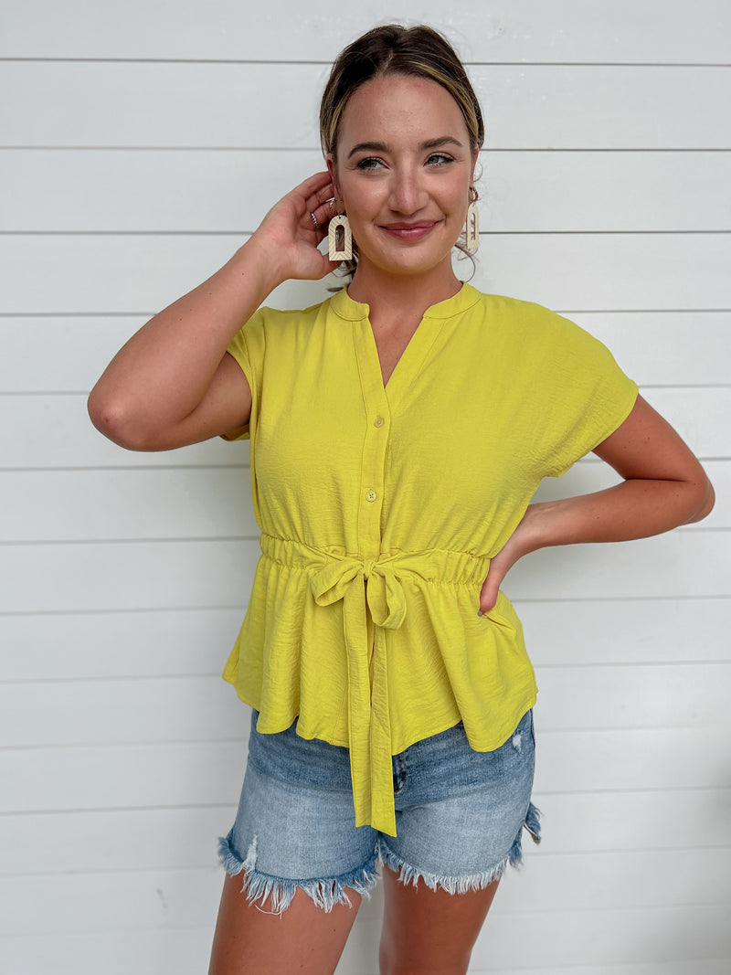 Short Sleeve Tie Waist Button Down Top