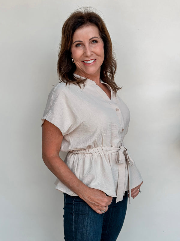 Short Sleeve Tie Waist Button Down Top