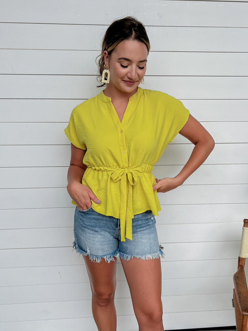 Short Sleeve Tie Waist Button Down Top