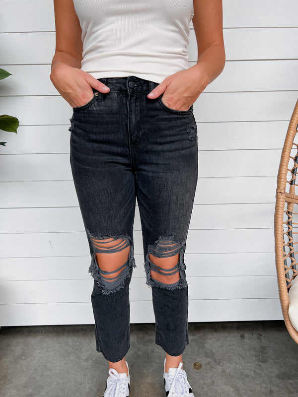 Camille Washed Black High Rise Straight Leg Jeans