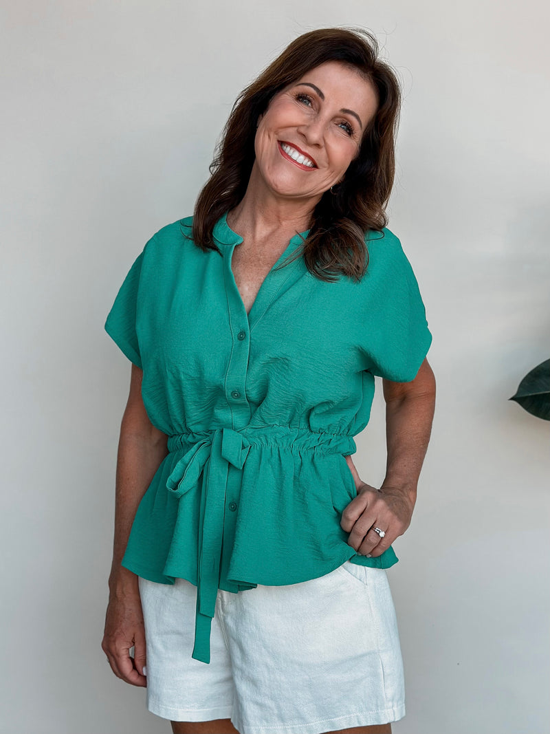 Short Sleeve Tie Waist Button Down Top