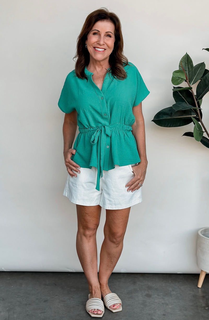 Short Sleeve Tie Waist Button Down Top