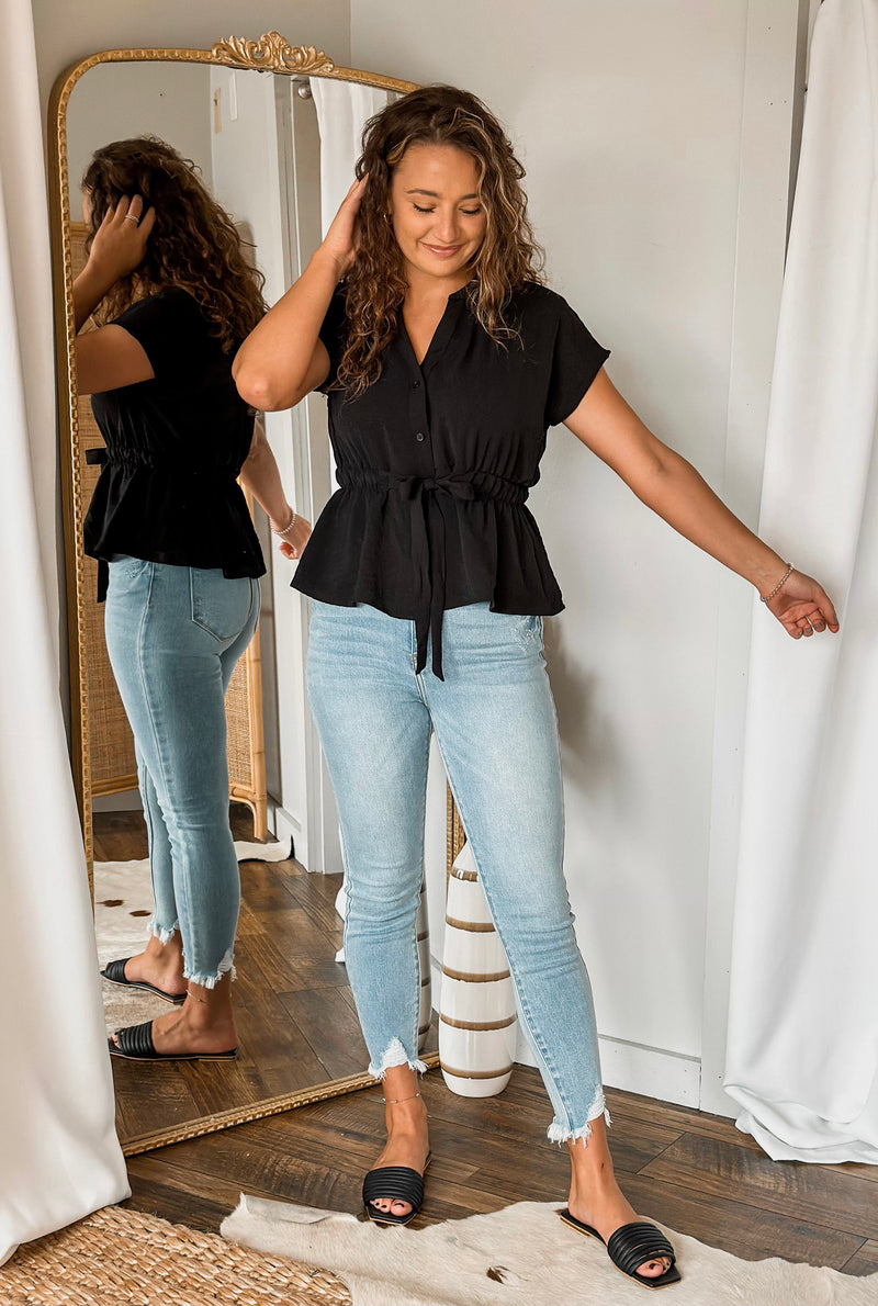 Short Sleeve Tie Waist Button Down Top