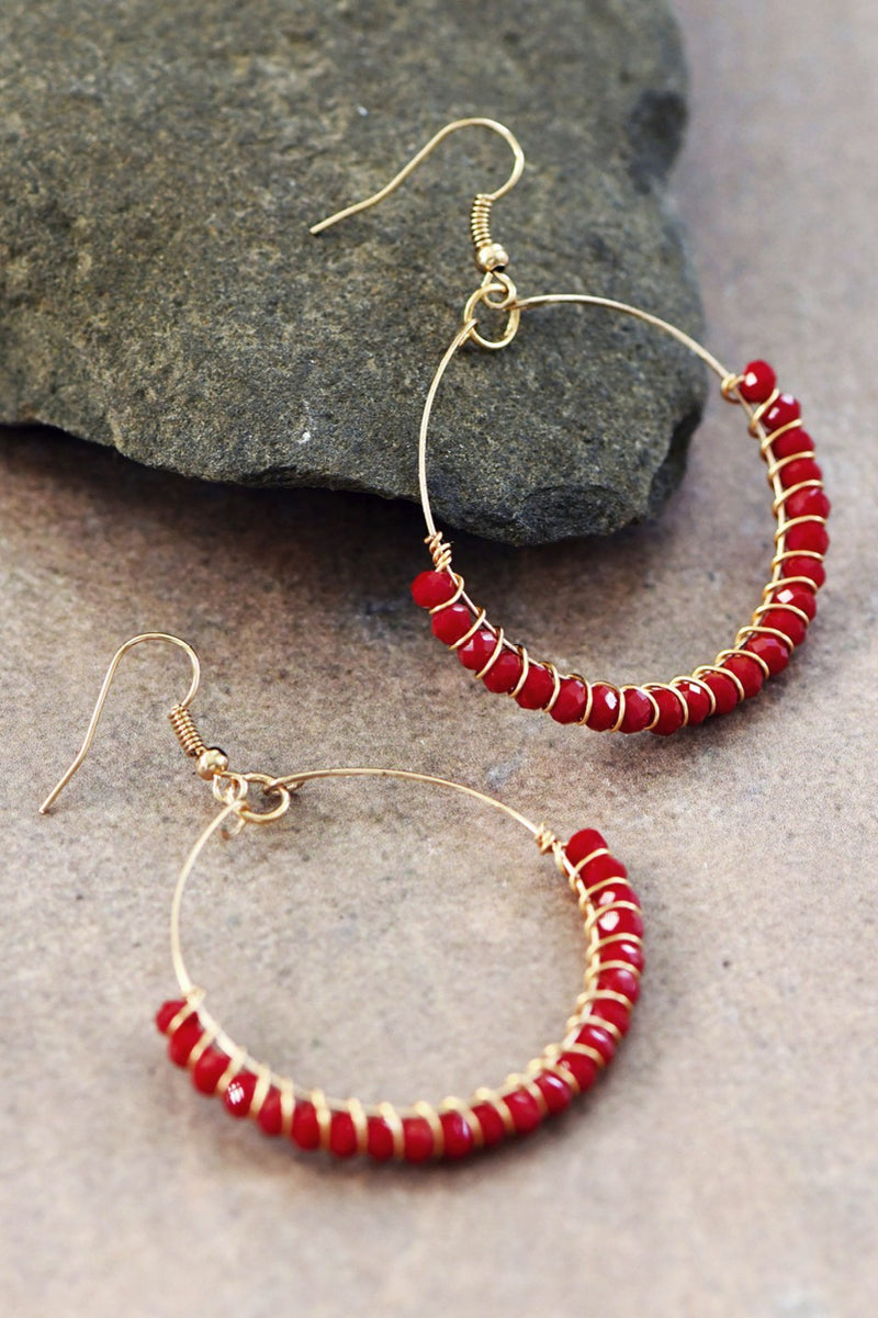 Boho Red Beaded Circle Drop Earrings