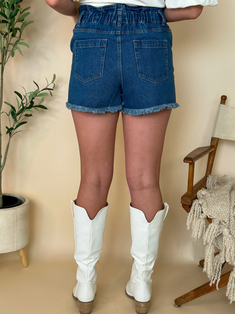 Medium Wash Elastic Paperbag Waist Denim Shorts