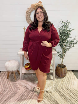 Curvy Burgundy Wrap Pleated Dress