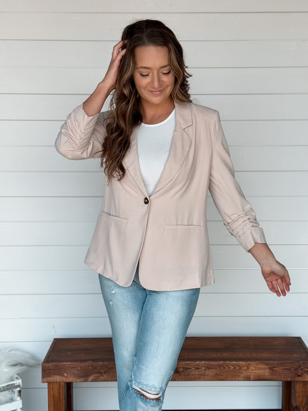 Natural Ruched Sleeve Single Button Blazer