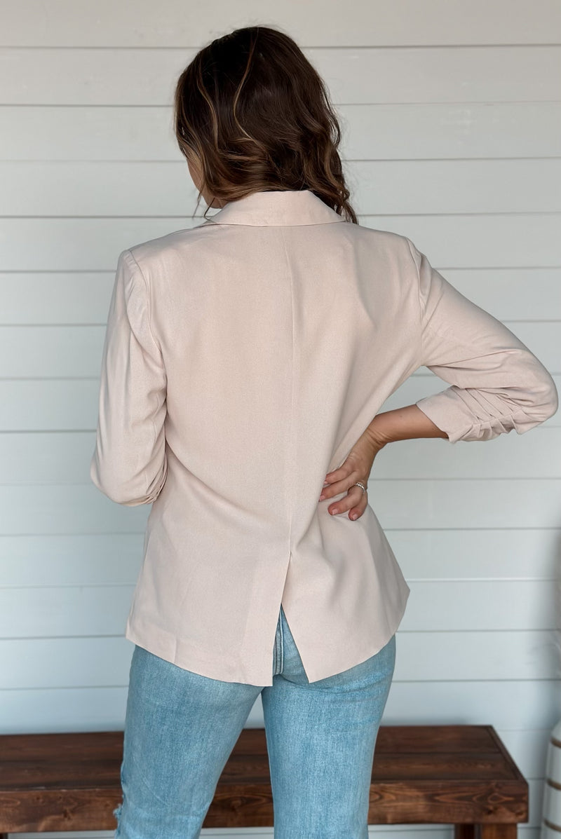 Natural Ruched Sleeve Single Button Blazer