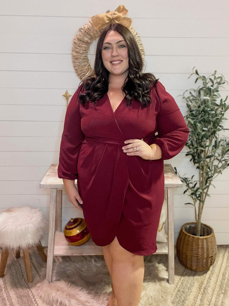 Curvy Burgundy Wrap Pleated Dress