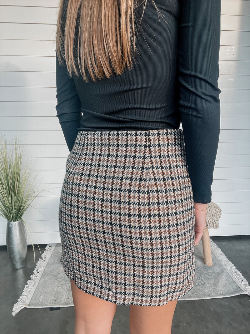 Brown Multi Mini Slit Houndstooth Skirt