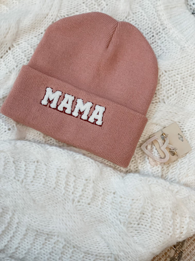 Dusty Pink MAMA Puff Letter Beanie