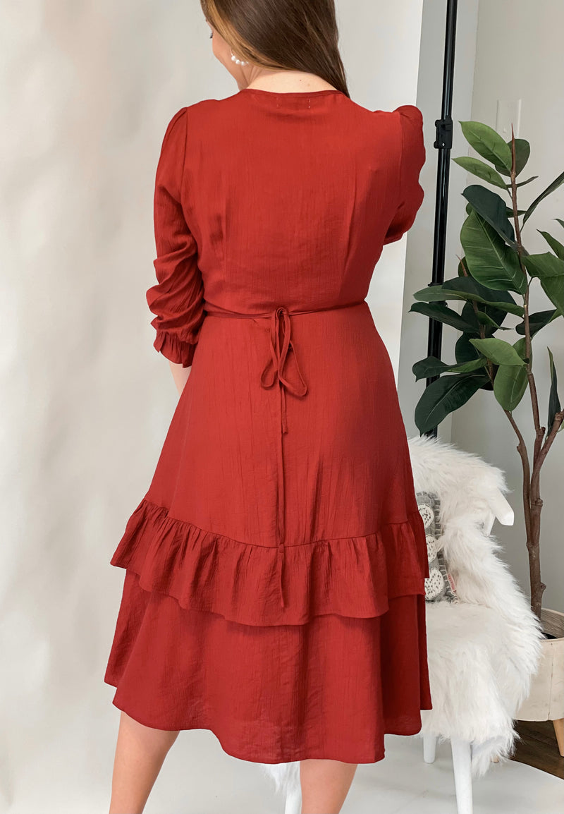 Be Mine Red Midi Dress w/ Ruffle Detail