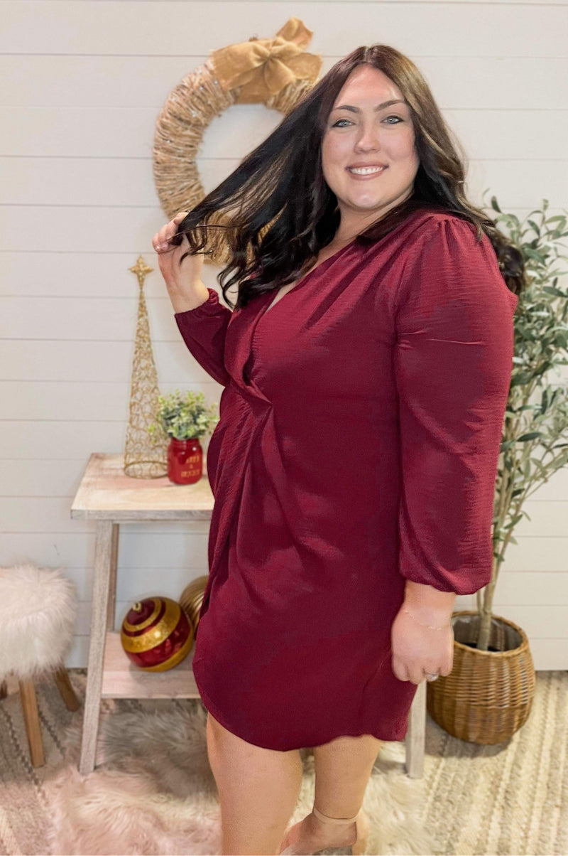 Curvy Burgundy Wrap Pleated Dress