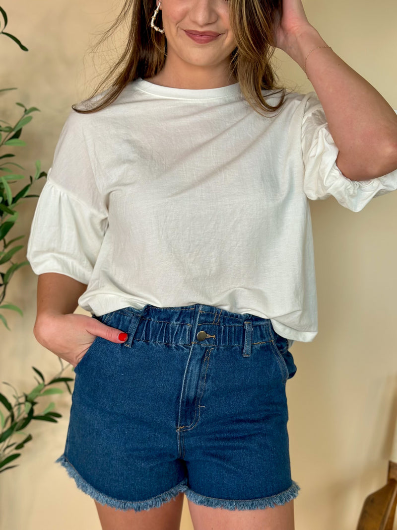 Medium Wash Elastic Paperbag Waist Denim Shorts